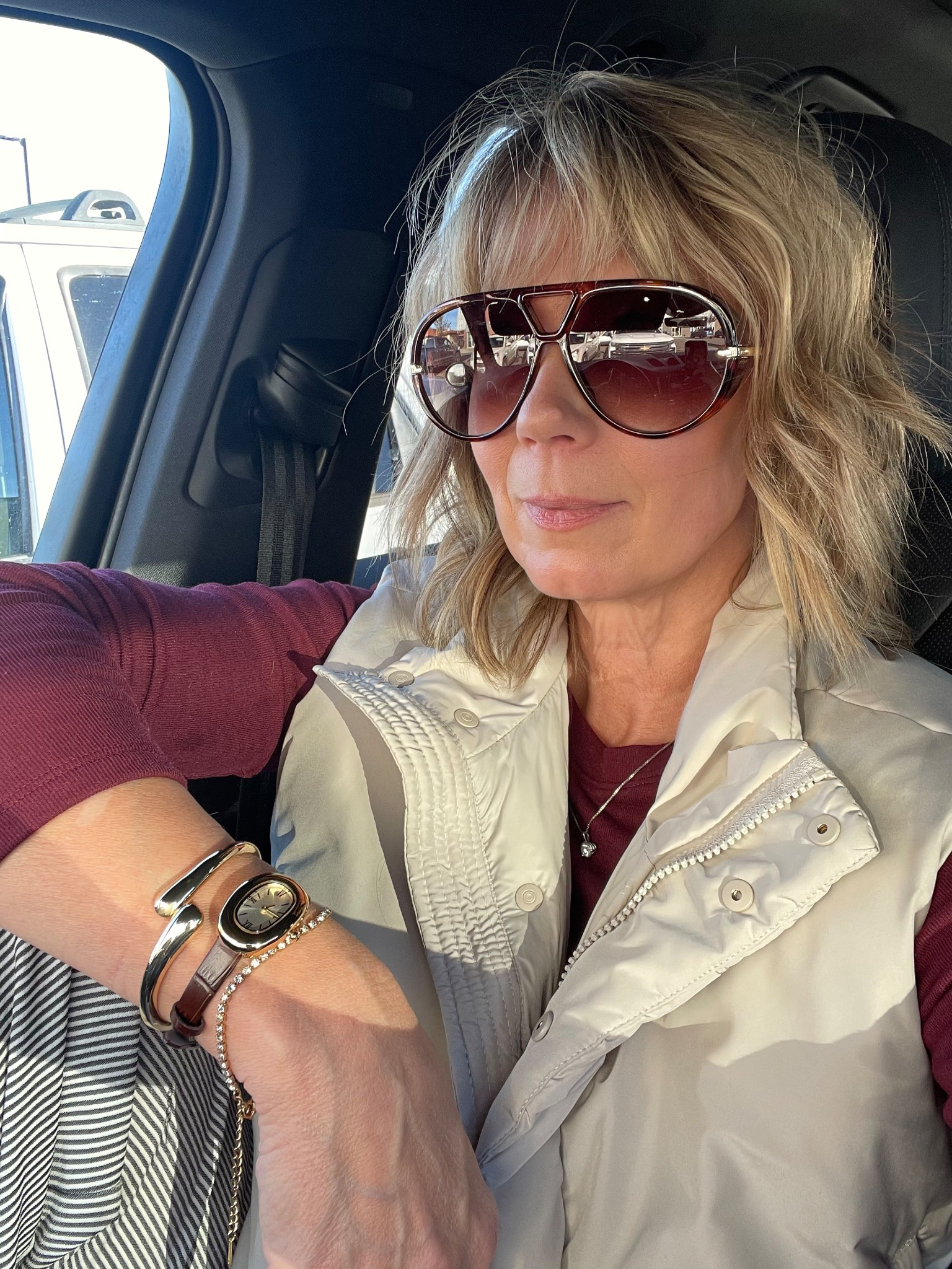 Fabulous accessories from Amazon! Look designer & great quality! So impressed with these sunglasses! 

Top - med (runs small) American Eagle on sale 

Amazon accessories, affordable style, mom ootd, gold watch, gold bracelets, burgundy oversized sunglasses, fall outfit , puffer vest 

#LTKOver40 #LTKSaleAlert #LTKSeasonal