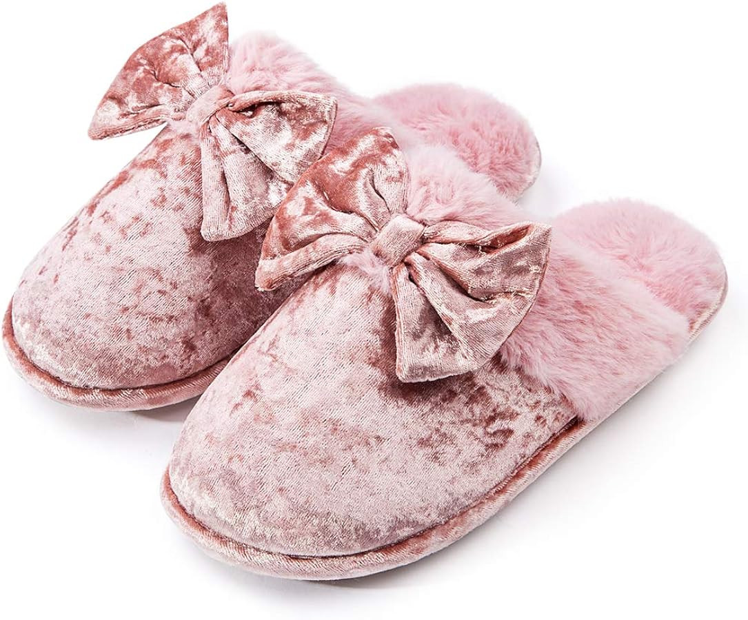 DL Womens-House-Slippers-Memory-Foam, Fluffy Velvet Slip on Scuff Slippers for Women Indoor, Warm... | Amazon (US)