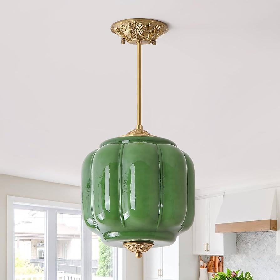 Green Milk Glass Pendant Light Chandelier with Antique Brass Finish, 10.24inch Vintage Semi Flush... | Amazon (US)