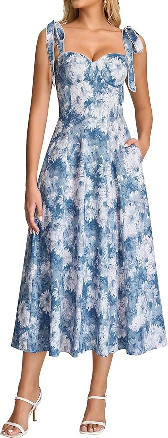 KUTUMAI Floral Corset Midi Dress Tie Shoulder Flowy Summer Wedding Guest Dresses for Women Sundre... | Amazon (US)