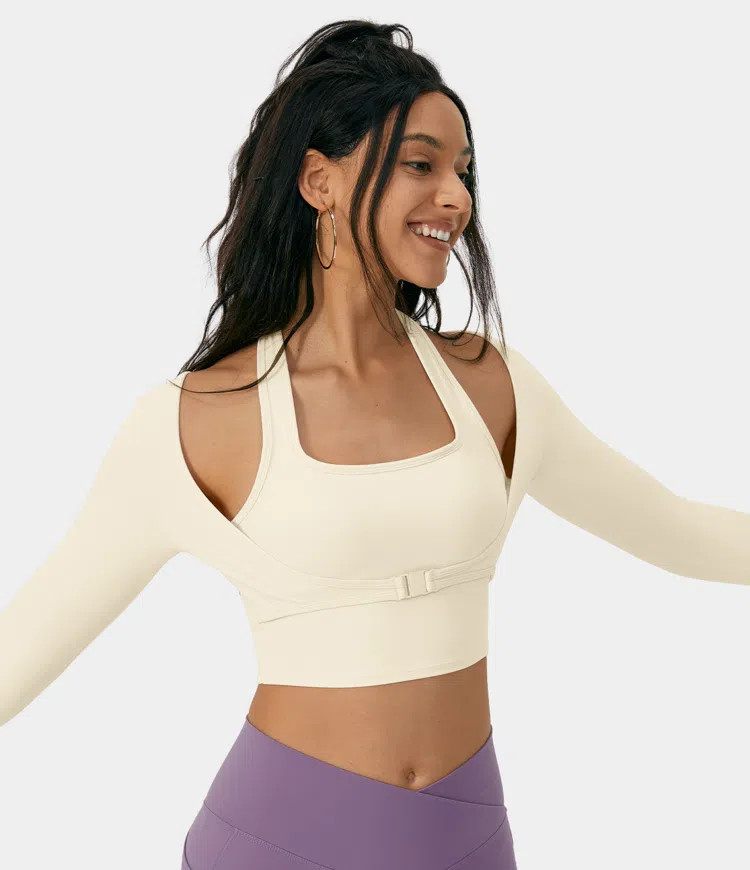 Cloudful™ Fabric Halter Thumb Hole Long Sleeve Cropped 2-in-1 Yoga Sports Top | HALARA