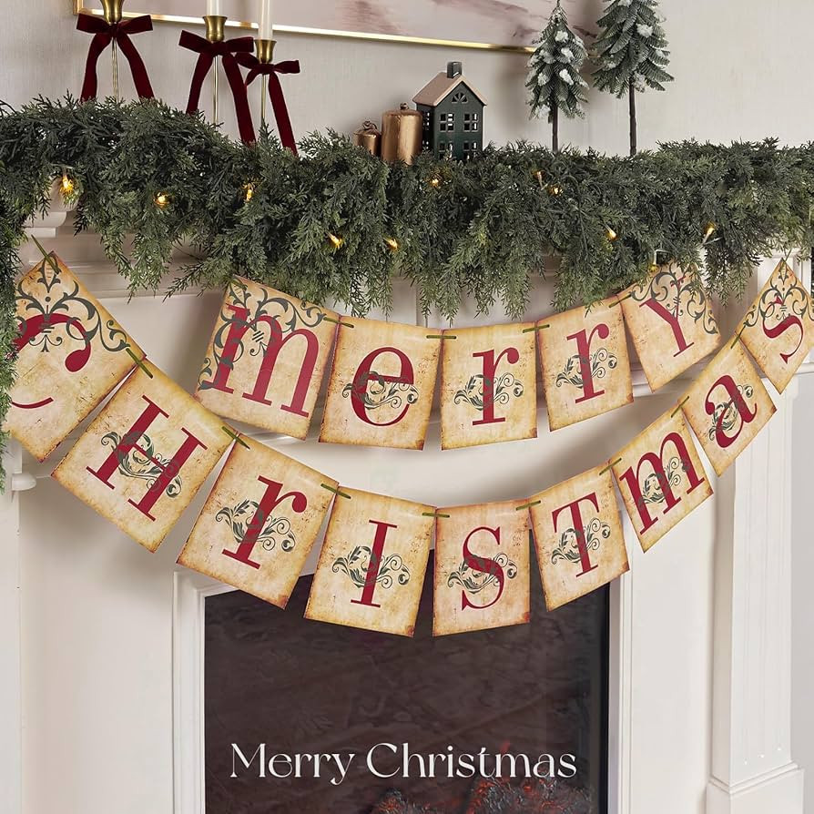 Christmas Decorations - Vintage Merry Christmas Banner - Retro Nostalgic Traditional Old Fashione... | Amazon (US)