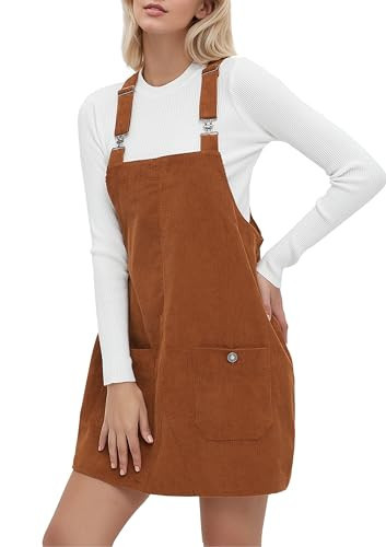 YUENIU Womens Corduroy Overalls Dress Casual Adjustable Straps Pinafore Dress Short Skirt with Pockets Brown S | Amazon (US)
