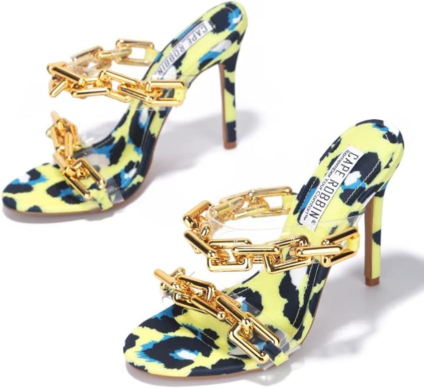 Amazon.com: Cape Robbin Roma Gold Chain Clear High Stiletto Heel Open Toe Mule Sandals (Gold, 9) ... | Amazon (US)