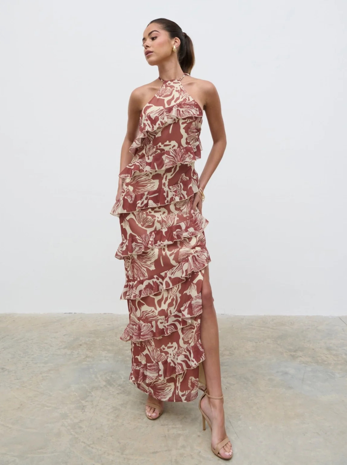 Katy Ruffle Maxi Dress - Brown Floral | Pretty Lavish (UK)