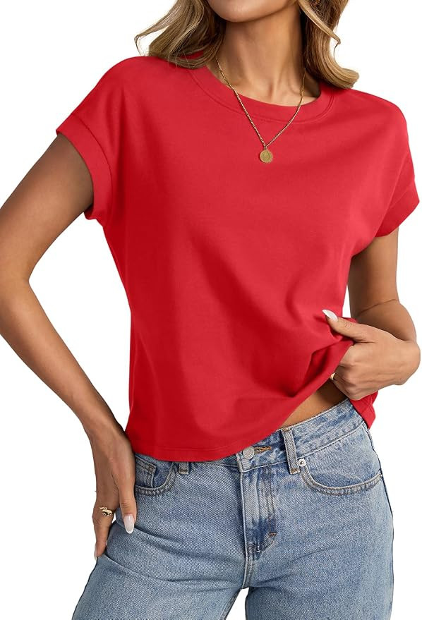 EasyGala Womens Cap Sleeve Crop Tops Cotton T Shirts Crewneck Loose Fit Short Sleeves Tee Summer ... | Amazon (US)