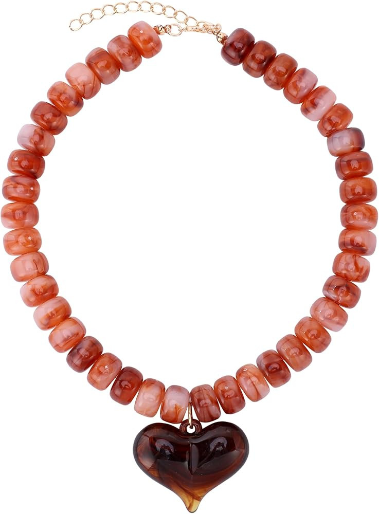 HJGPL Chunky Colorful Beaded Statement Boho Chokers Necklace Heart Pendant Pink Green Yellow Brow... | Amazon (US)