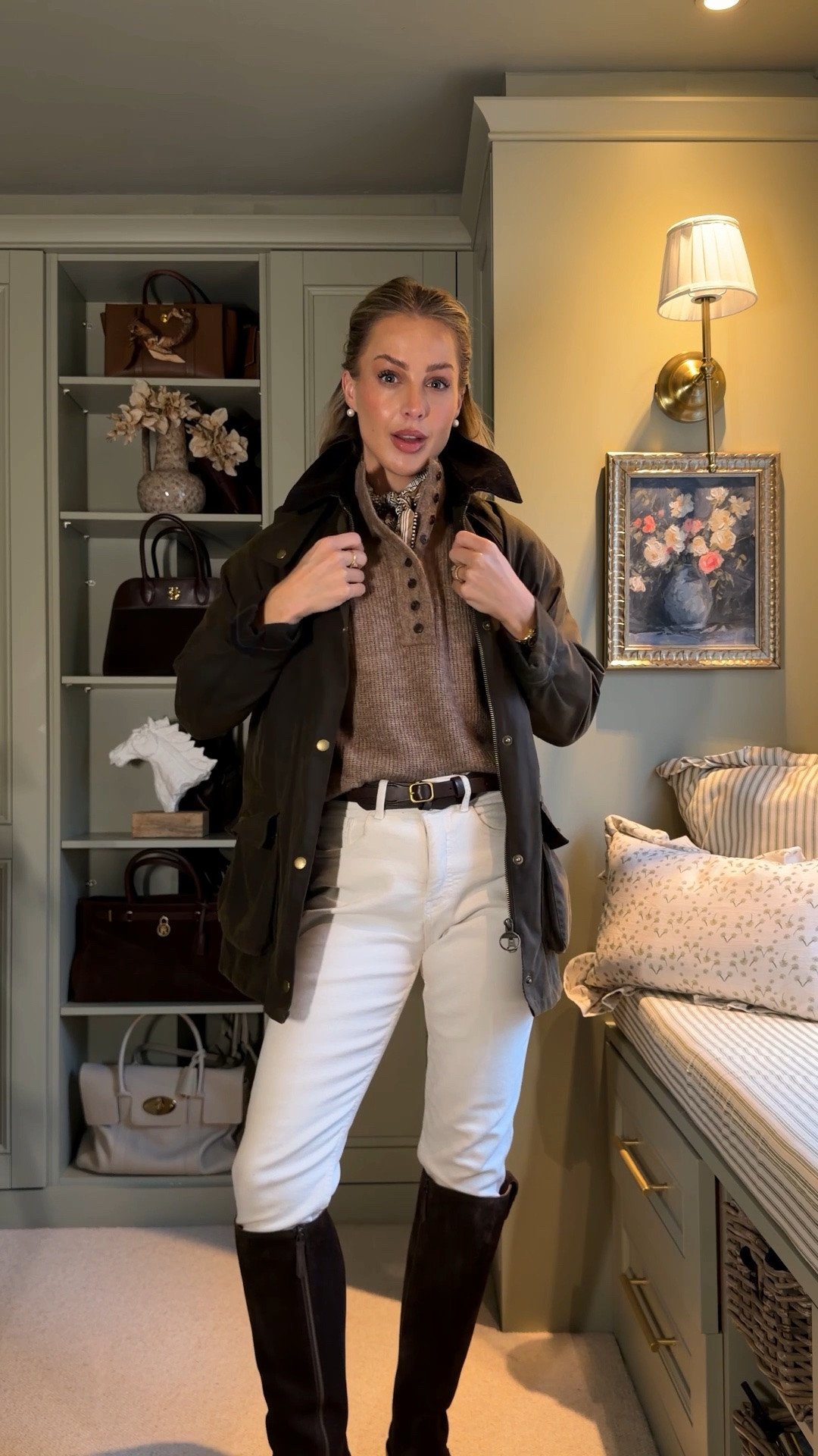 A casual outfit for the country, styling white jeans, a knit, knee high boots and my Barbour