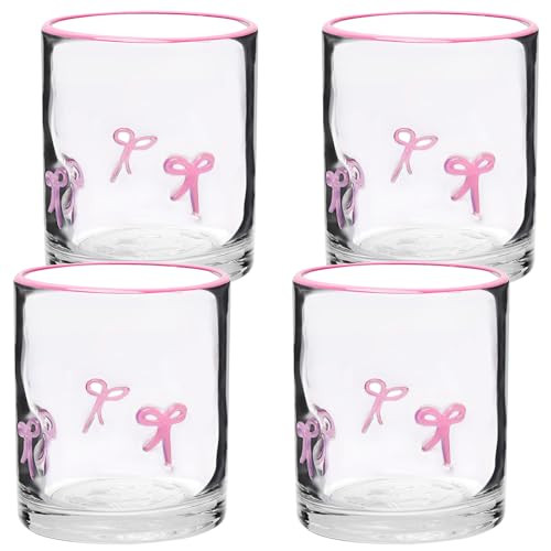 AIOMOB 4 Pcs Pink Bow Icon Juice Glass Coquette Bow Aesthetic Cup 14 Oz Double Old Fashioned Icon Whiskey Glass with Heavy Base for Cute Cocktail Glasses for Women Friend Party | Amazon (US)