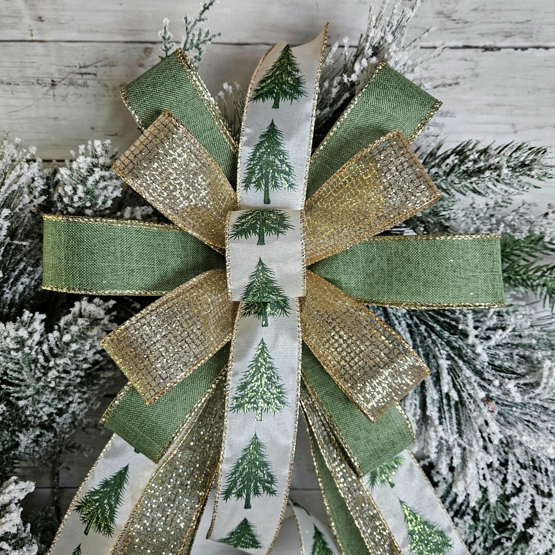 Christmas Tree Bow for Wreath, Lantern, Holiday Decor: Sage Green and Gold Glitter Ribbon - Etsy | Etsy (US)