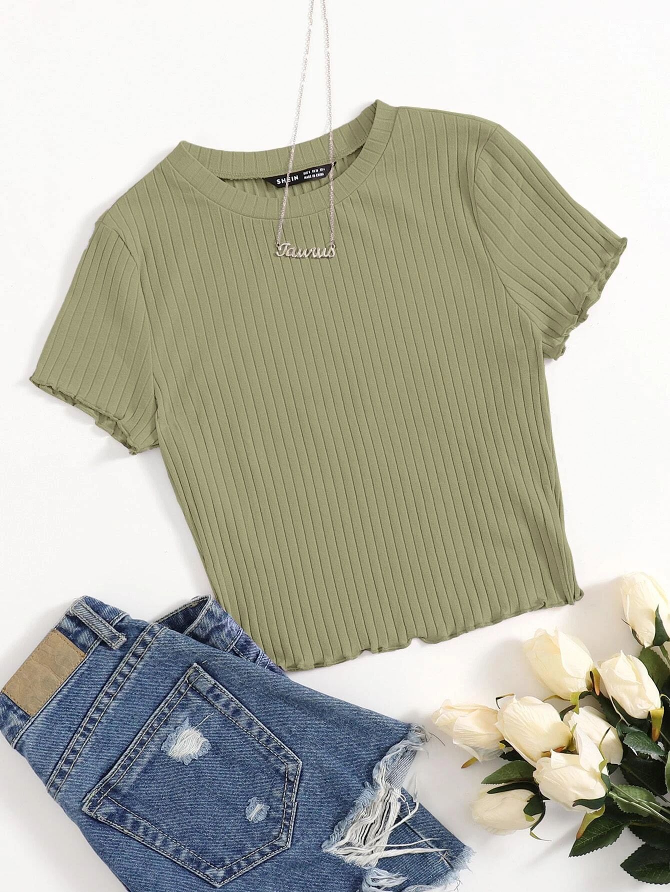 SHEIN Solid Lettuce Trim Rib-knit Tee | SHEIN