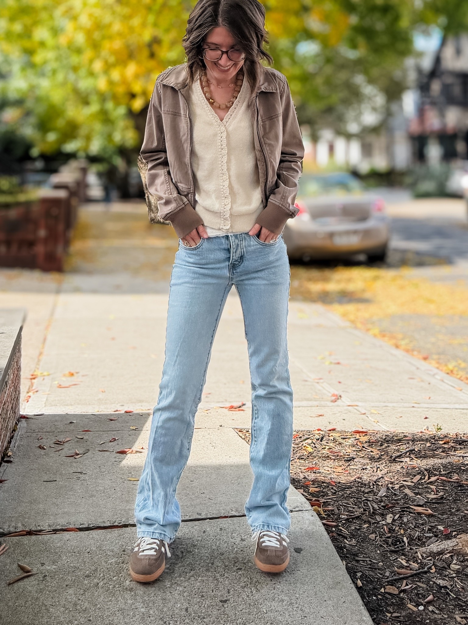 Jacket: TTS
Shirt sleeve sweater: TTS
Oliver Logan Stanley Bootcut jeans in the color soft blue: runs slightly big. If between sizes, go down. 
Sneakers: run big, size down 1/2 size. Runs TTS for adidas sizing.