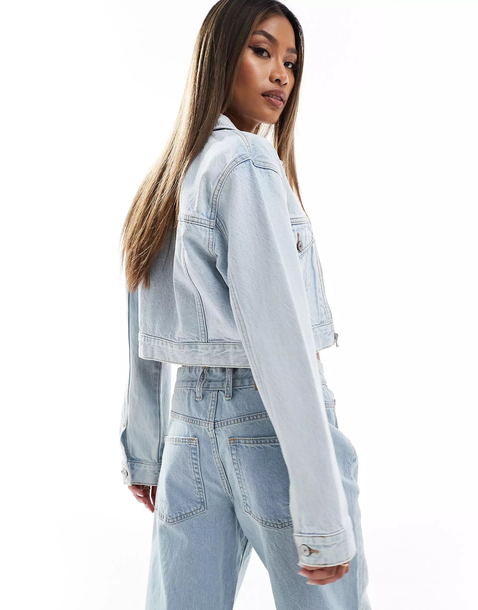 Abercrombie & Fitch cropped denim jacket with zip front in light blue | ASOS (Global)