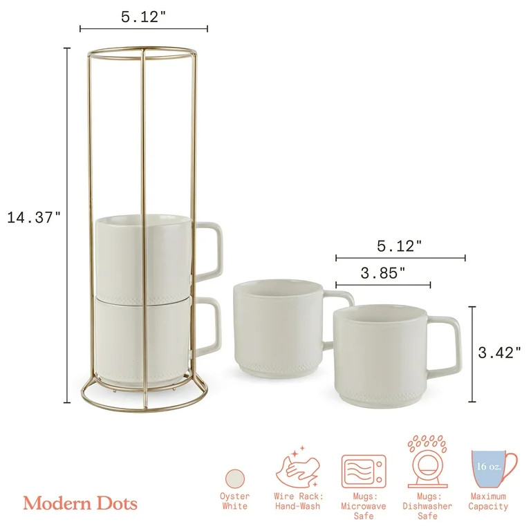 Beautiful Modern Dot 4 Piece 16 oz Stoneware Mug Set with Rack White by Drew Barrymore | Walmart (US)