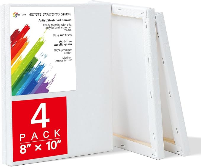 Simetufy 4 Pack Stretched Canvas for Painting 8x10 Inch, 100% Cotton Blank Painting Canvas, Canva... | Amazon (US)
