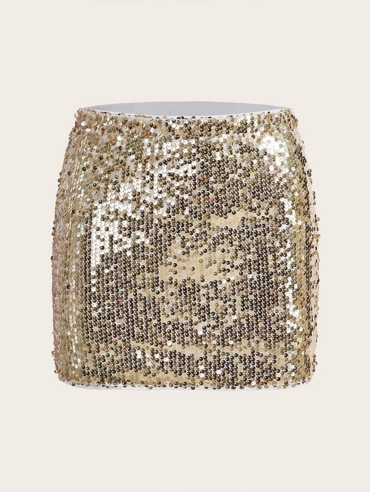 SHEIN ICON Gold Sequin Bodycon Mini Skirt | SHEIN