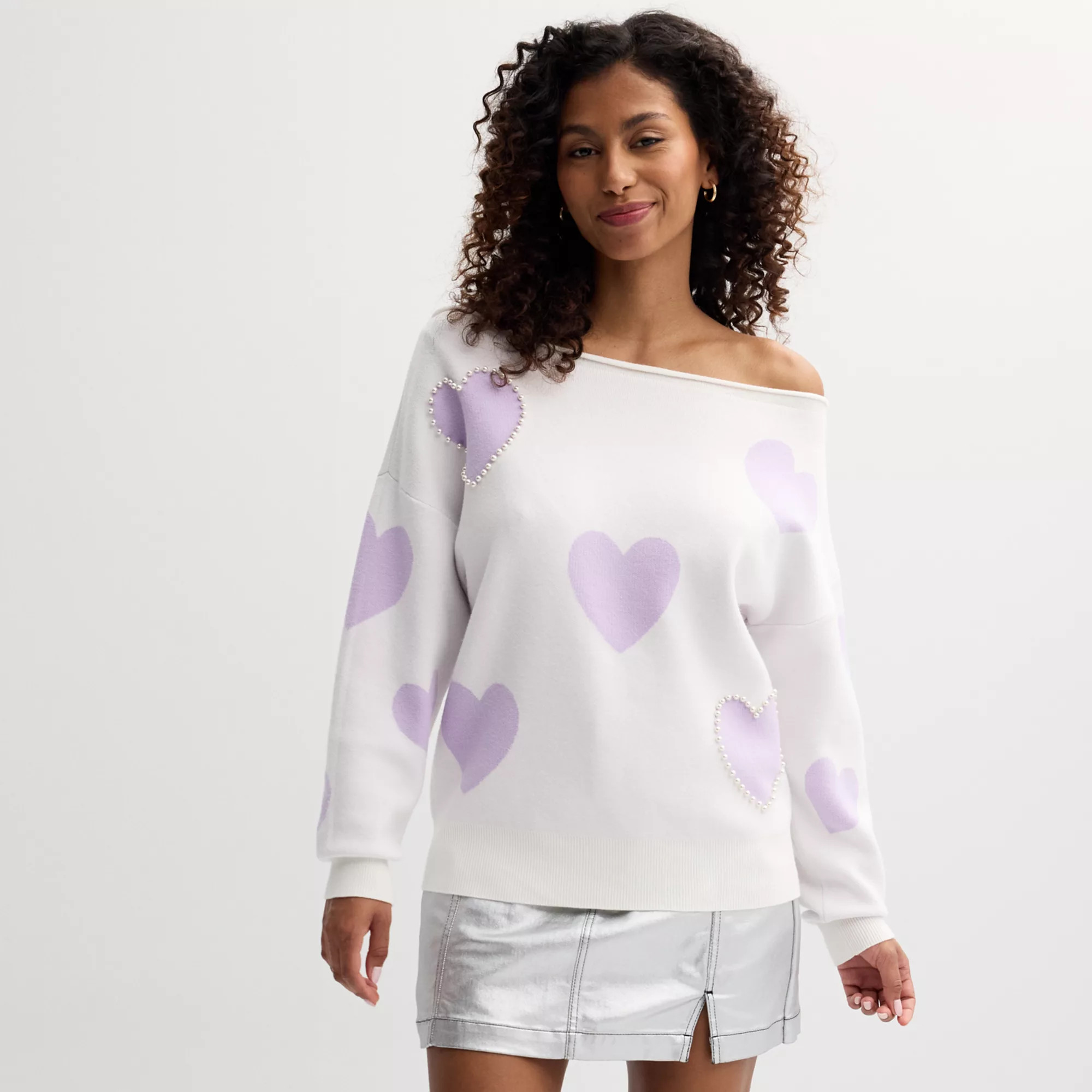Women's FOREVER & EVER Off-The-Shoulder Pearl Hearts Pullover Sweater | Kohl's