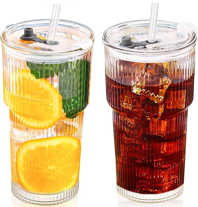 20oz Glass Tumblers with Lid and Straw, Ribbed Glass Iced Coffee Cup with Lid, Wide Mouth Thicken... | Amazon (US)