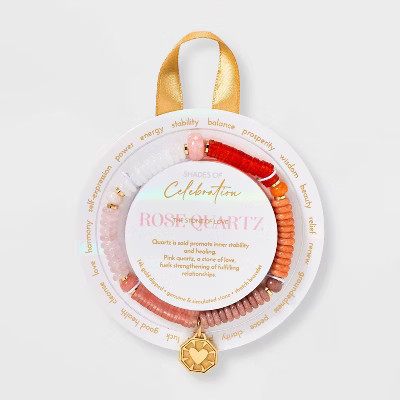 14K Gold Dipped Rose Quartz and Mixed Beads with Dipped Heart Stretch Bracelet - Pink/Orange/Whit... | Target