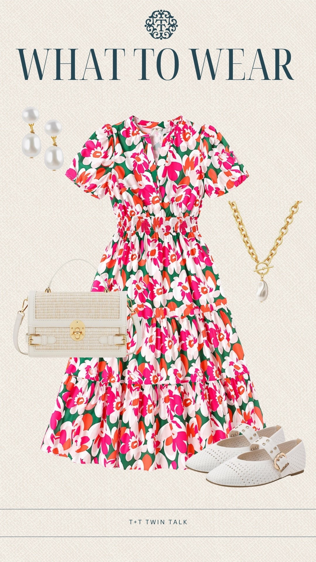 T+T, what to wear! This floral dress brings in color with an easy shape that stands out! We added pearl jewelry and a woven bag to keep it classic! This would be great for a brunch or showers!

#LTKOver40 #LTKMidsize #LTKSeasonal