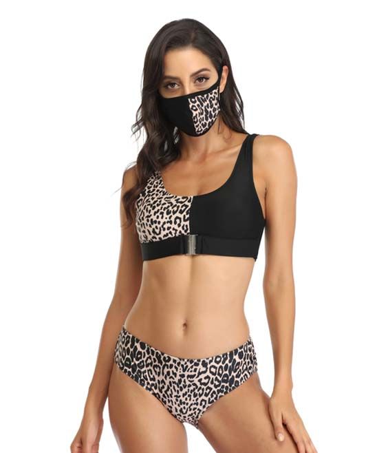 Coeur de Vague Women's Bikini Bottoms Black - Black & Tan Leopard Bikini Set - Women | Zulily