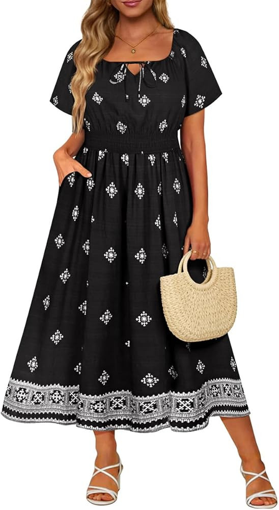 CARCOS Womens Plus Size Dress Summer Short Sleeves Square Neck Tie Front Elastic Waist Midi Dress... | Amazon (US)