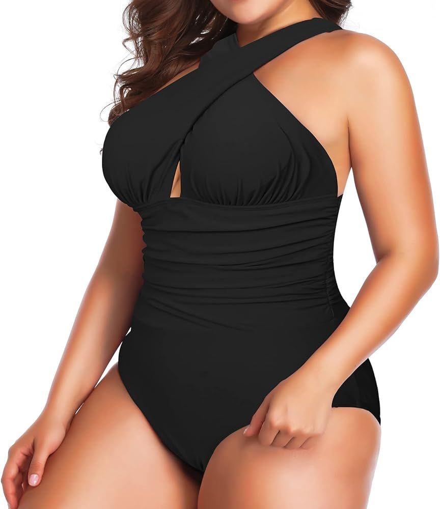 W YOU DI AN Women's Swimsuits Plus Size One Piece Tummy Control Ruched Full Lined Swimsuit Front Cro | Amazon (US)