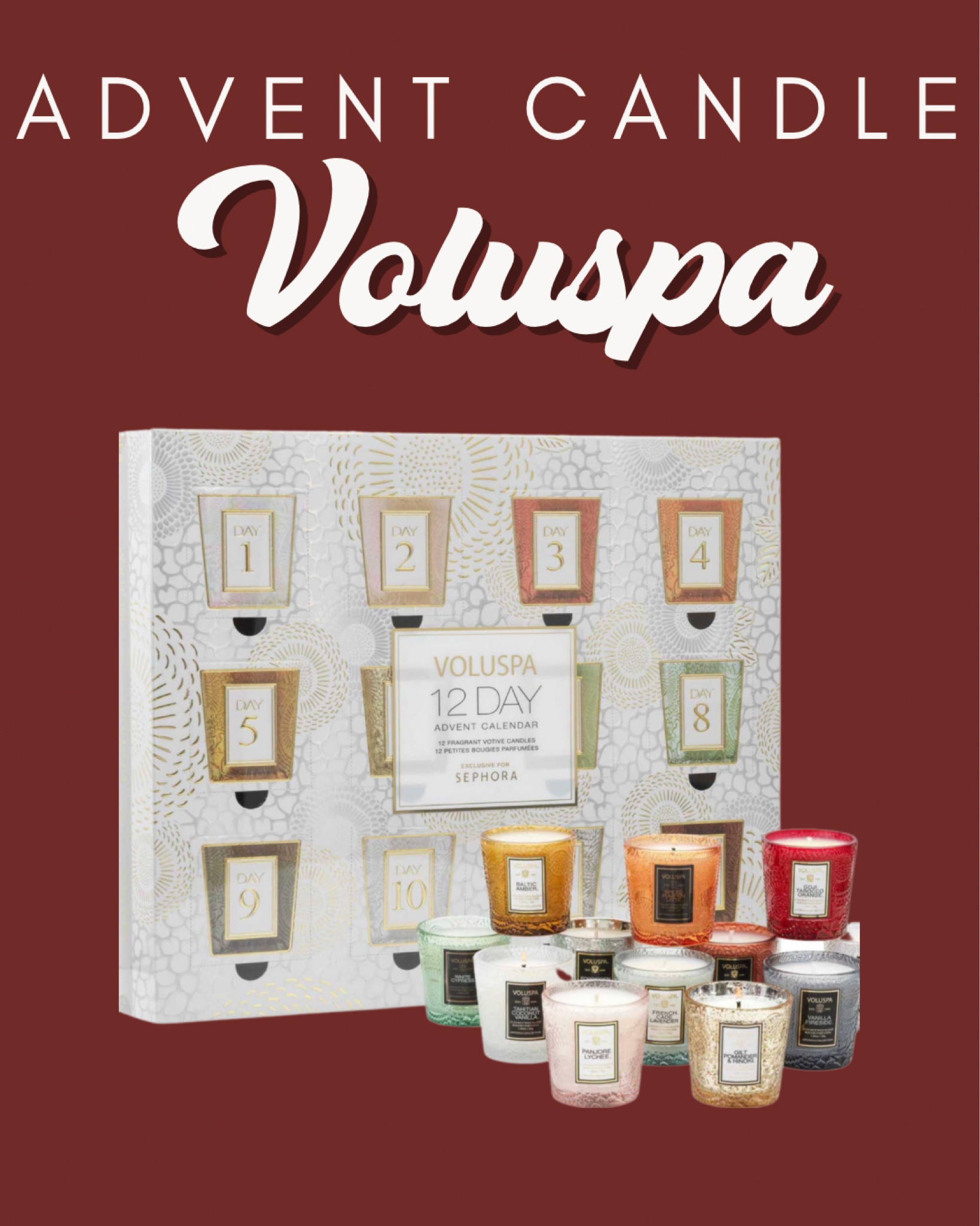 This 12 day advent candle calendar makes the cutest gift!!! (Even tho I bought it for myself💀) 
Scents include: Sparkling Cuvée, Panjore Lychee, Goji Tarocco Orange, Spiced Pumpkin Latte, Baltic Amber, Gilt Pomander & Hinoki, French Cade Lavender, White Cypress, Vanilla Fireside, Tahitian Coconut Vanilla, Frosted Holly Berry, and Forbidden Fig! 

#LTKSeasonal #LTKhome #LTKHoliday