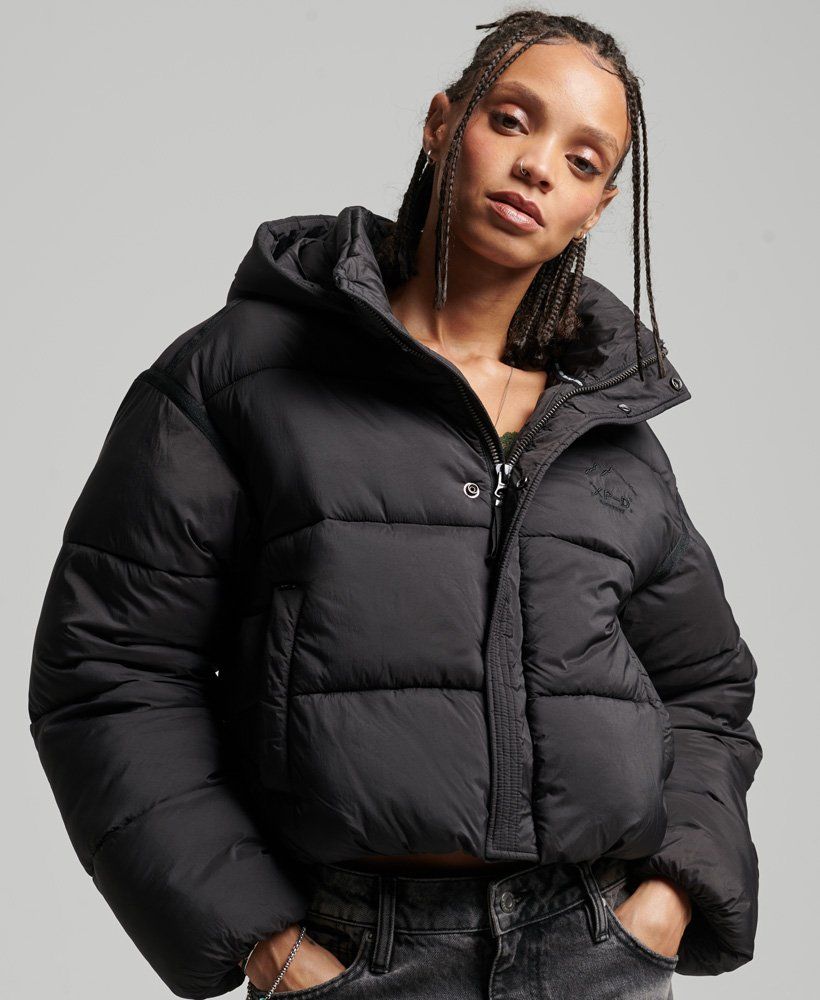 Womens - Cropped Cocoon Puffer Jacket in Black | Superdry | Superdry (UK)