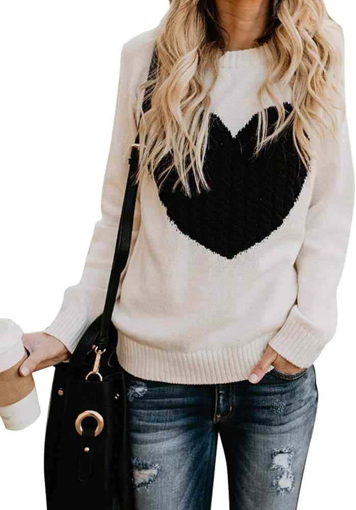 EC ELEGANTCHARM Women's Pullover Sweaters Knitted Long Sleeve Crewneck Heart Patchwork Jumper Coz... | Amazon (US)