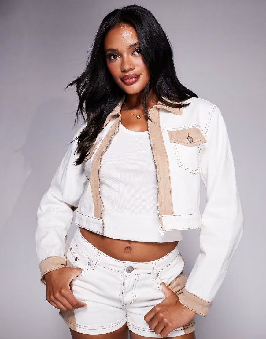 Chaqueta vaquera marrón y crudo de estilo wéstern con diseño de patchwork de antelina de Liquor N Poker (parte de un conjunto) | ASOS (Global)