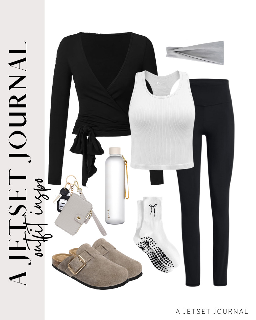 The last outfit is a racerback tank top and black leggings with a black pilates wrap. Project Cloud clogs match this look, too. Don’t forget to grab your Opard slim water bottle before heading out!

#LTKSeasonal #LTKSaleAlert #LTKTravel
 

 
