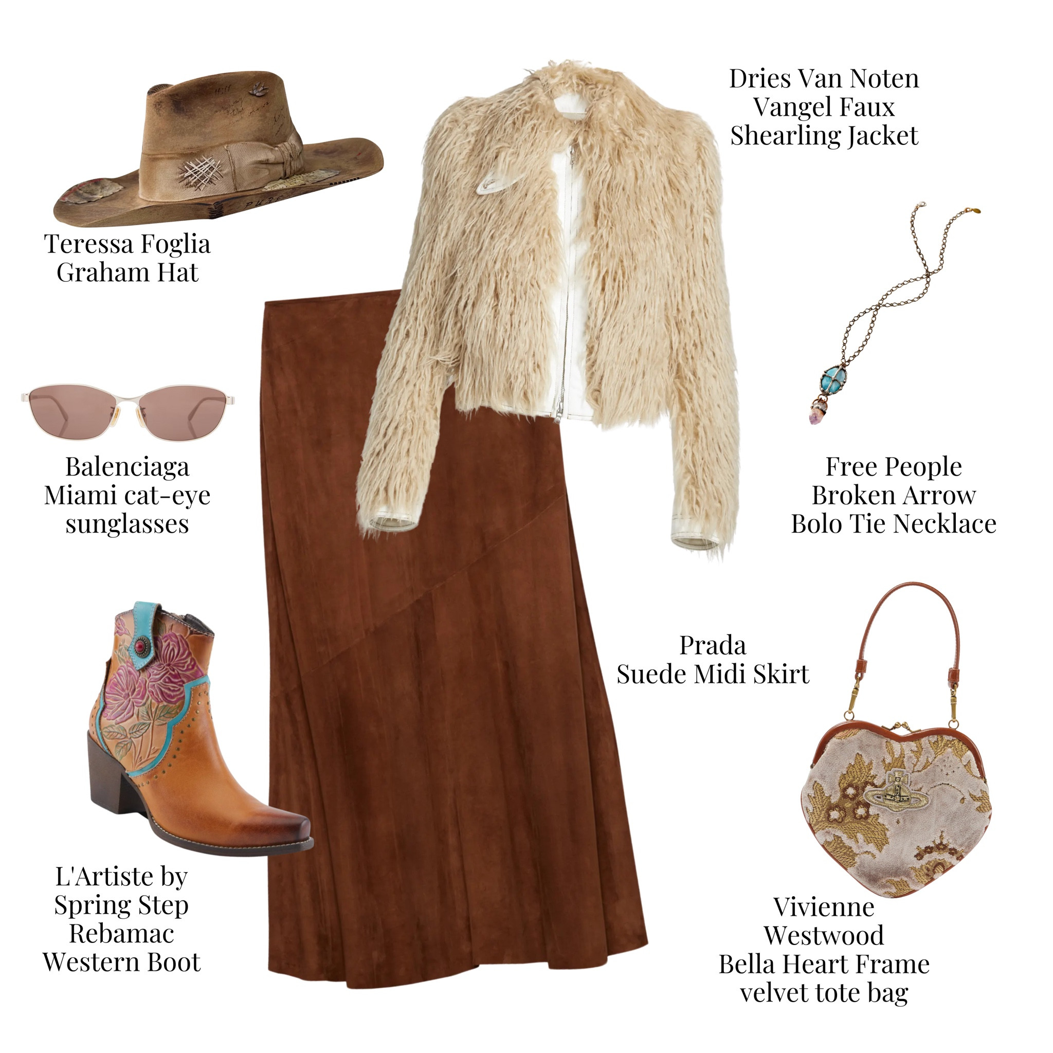 Boho chic with a luxe twist. Faux shearling, suede, and a touch of velvet make this look perfect for free spirits with a love for statement style. 
#BohoChic #DriesVanNoten #Prada #VivienneWestwood #LuxeBoho #FauxShearling #WesternVibes #VelvetElegance #EffortlessGlam



#LTKItBag #LTKShoeCrush #LTKStyleTip
