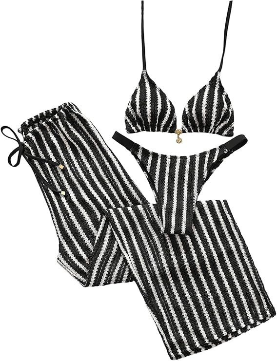 Milumia Women's 3 Piece Crochet Swimsuits Striped Halter Triangle Bikini Set with Cover Up Pants | Amazon (US)