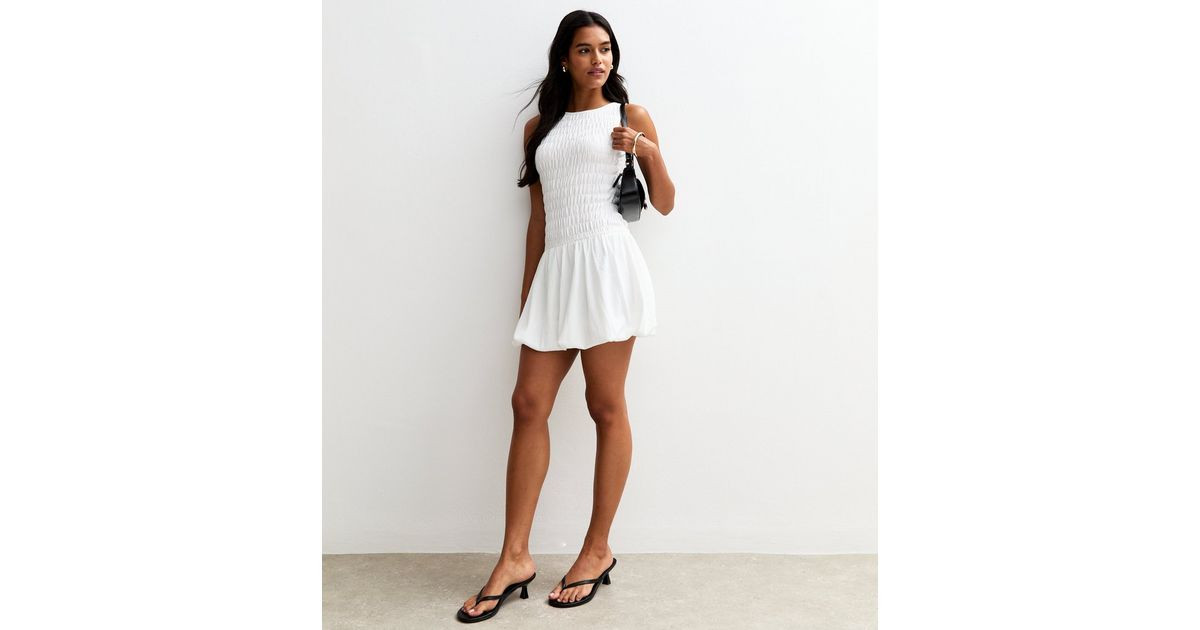 Cream Shirred Bodice Puffball Hem Mini Dress | New Look | New Look (UK)