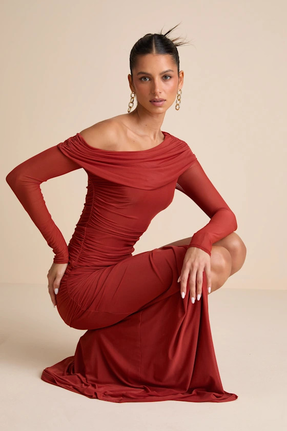 Darla Rust Red Mesh One-Shoulder Long Sleeve Maxi Dress | Lulus