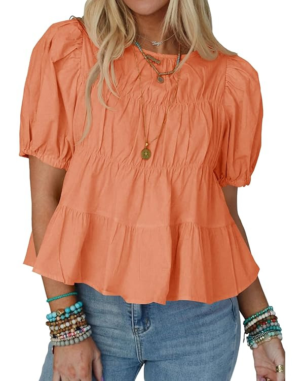 Tankaneo Womens Puff Sleeve Peplum Babydoll Tops Summer Smoked Pleated Cotton T-Shirts Casual Loo... | Amazon (US)