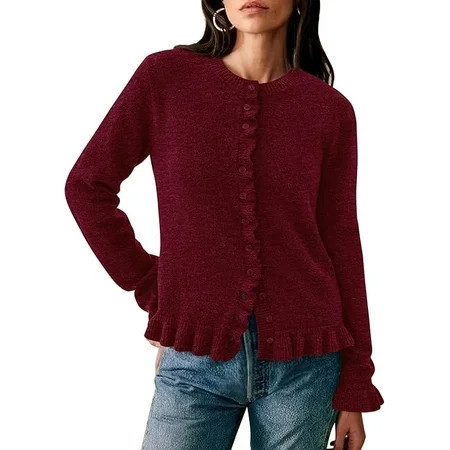 PRETTYGARDEN Womens Fall Button Down Cardigans Chunky Knit Ruffle Open Front Cropped Cardigan Sweaters Soft Long Sleeve Tops | Walmart (US)