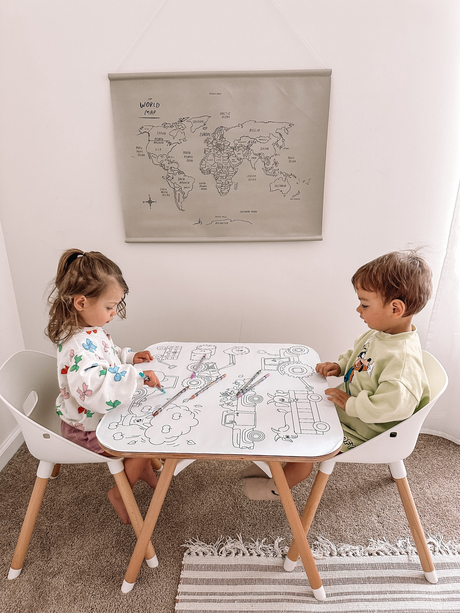 Lalo play kit table for play and coloring. We love this little table so much! The best part is it has its own coloring sheets and the twins love to play with it. Gathre world map is super cute in the play room too  

#LTKFamily #LTKHome #LTKKids