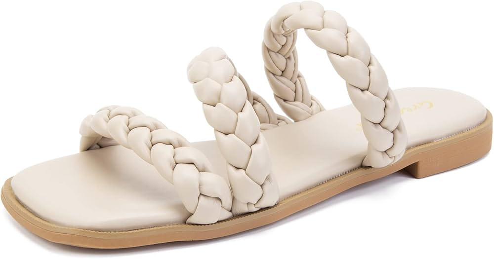 Greatonu Women's Square Toe Braided Flat Sandals Dressy Summer Open Toe Slides Strappy Slip On Wo... | Amazon (US)