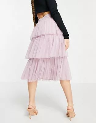 Anaya With Love strapless corset top and tiered ruffle midi skirt co-ord in lila | ASOS (Global)