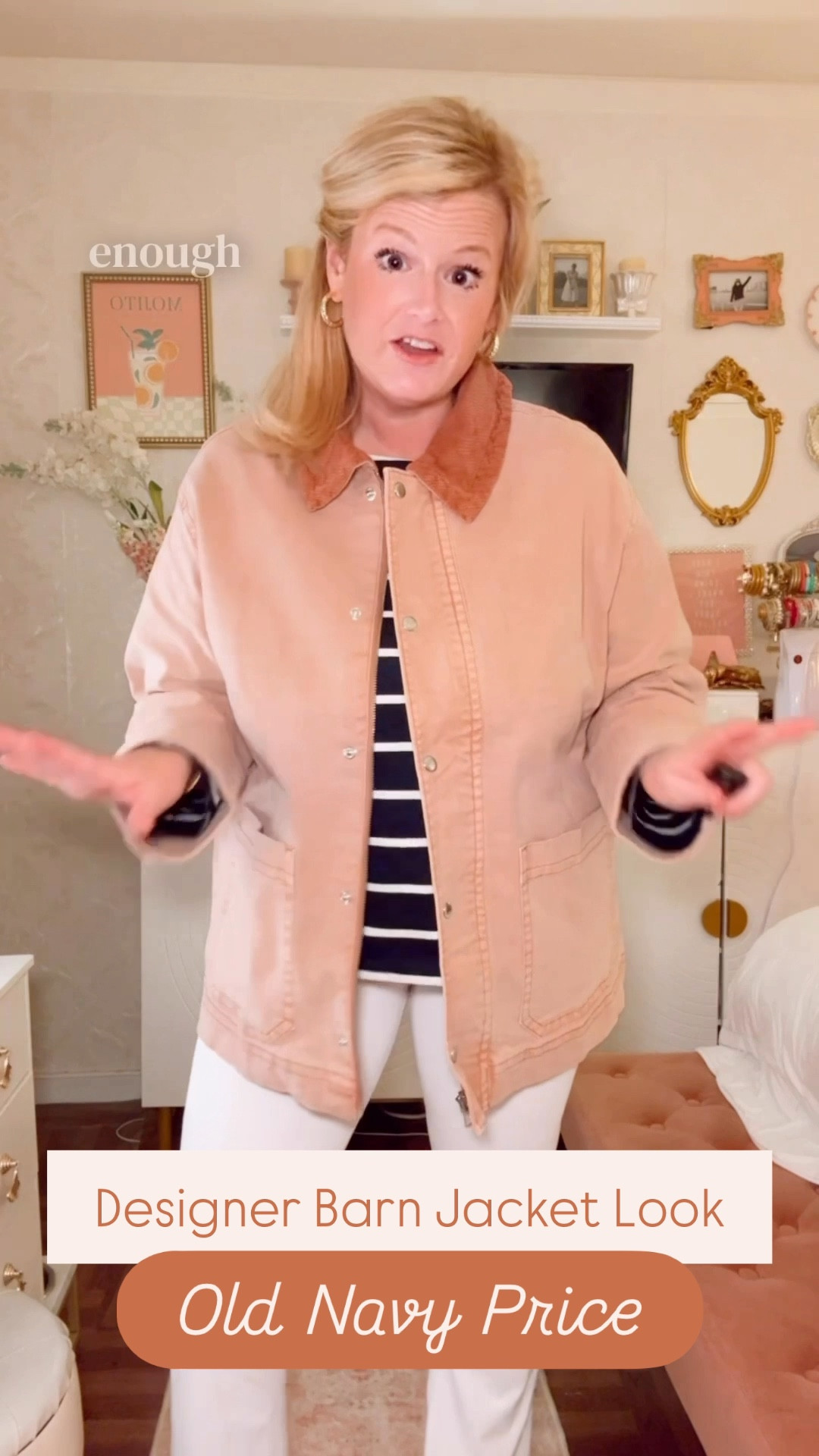This barn jacket looks like it belongs in a Barbour catalog but it’s actually Old Navy. The corduroy collar, the structured canvas, the rich fall tones—it’s giving quiet luxury without the designer markup. 🤍

I’m wearing the Antique Rose, but it also comes in a chocolate brown and army green, and every color feels like it could walk right out of a countryside editorial. This style is everywhere right now, from Tuckernuck to Alex Mill, but they’re retailing for $200–$400. This one? A look for less that still reads timeless, tailored, and expensive. ✨

It’s a canvas chore coat-meets-work jacket hybrid with just the right amount of room to layer a chunky knit. I went with a large (I float between a medium and large universally), and it’s the perfect fit for cooler weather layering without losing shape. 🫶

Whether you’re styling it with trousers and riding boots or tossing it over leggings and a tee, this jacket delivers that “I live on an estate” vibe for a fraction of the cost. 🍂

#OldNavyStyle #OldNavy #BarnJacket #WorkJacket #ChoreJacket #LookForLess #QuietLuxury


#LTKautumn #LTKSeasonal #LTKFindsUnder100