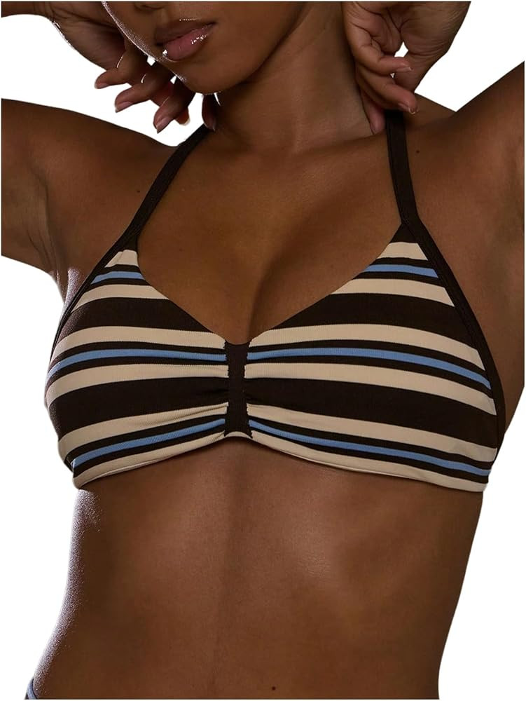 MakeMeChic Women's Striped Sports Bras Halter Wireless Athletic Yoga Tops | Amazon (US)
