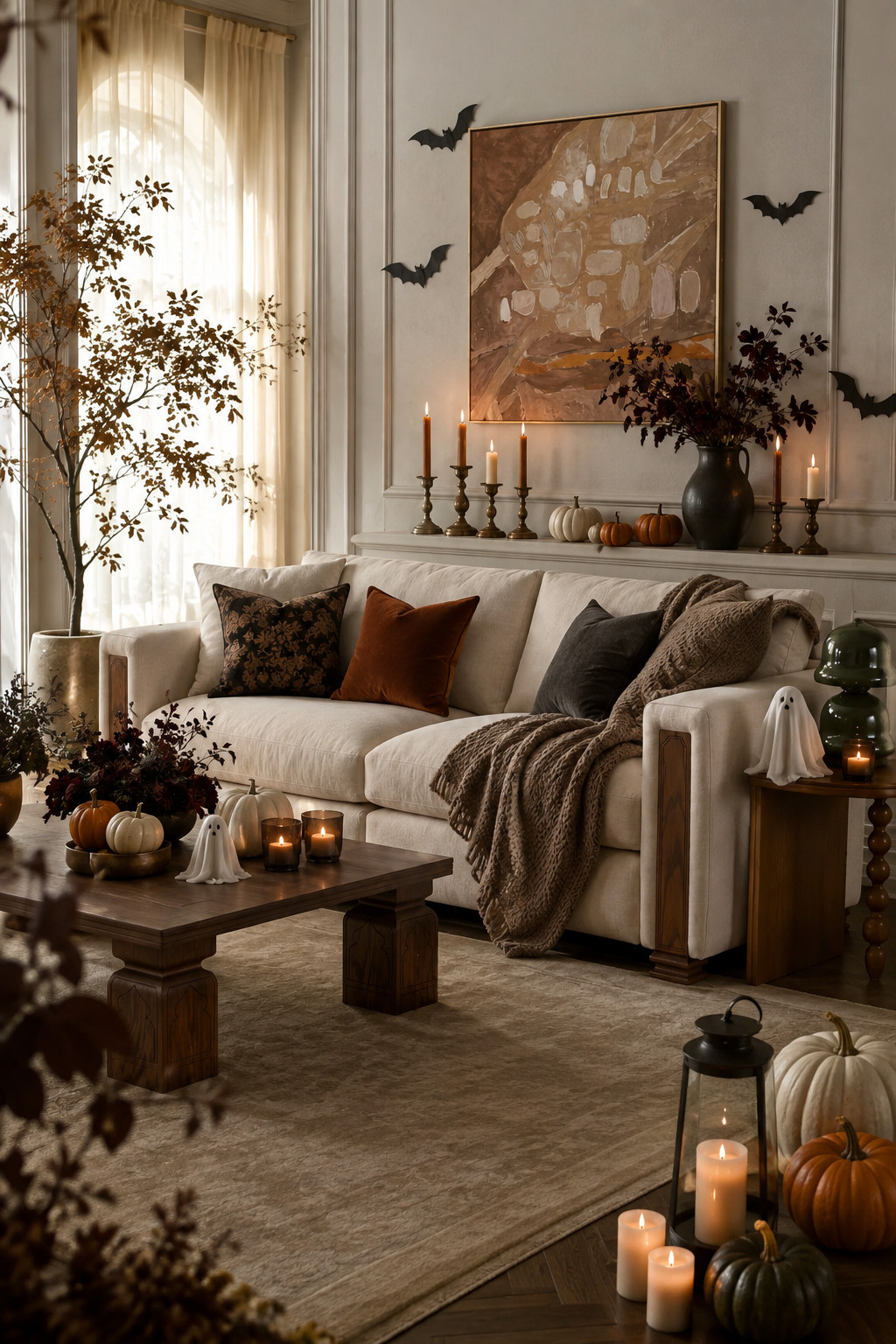 Okayyy this neutral living room with spooky decor is TOO cute 👻🤎 The cream sofa keeps everything light and cozy while the bats, mini ghosts, pumpkins, candles, and darker fall accents bring in that perfect Halloween mood. Love a spooky setup that still feels elevated and pretty! #LTKHome #HalloweenDecor #NeutralHome #SpookyChic #FallDecor #CozyLivingRoom #HalloweenHome #PumpkinDecor #FallHomeInspo #LivingRoomDecor #AutumnDecor #CozySeason #PinterestHome #HomeDecorIdeas 

 #LTKSeasonal #LTKHome #LTKSaleAlert