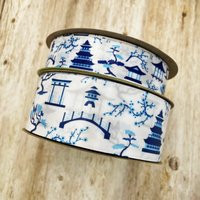 Japanese Pagoda Chinoiserie Ribbon Blue & White, For Gift Wrap, Tree Trim, Wreaths, Florals, Crafts, Printed On 7/8"" 1.5"" White Satin | Etsy (US)