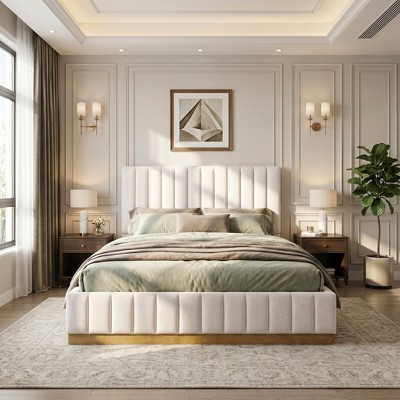 ModernLuxe Queen Size Upholstered Bed Frame with Linen Fabric Thick Headboard, No Box Spring Needed, Beige | Target