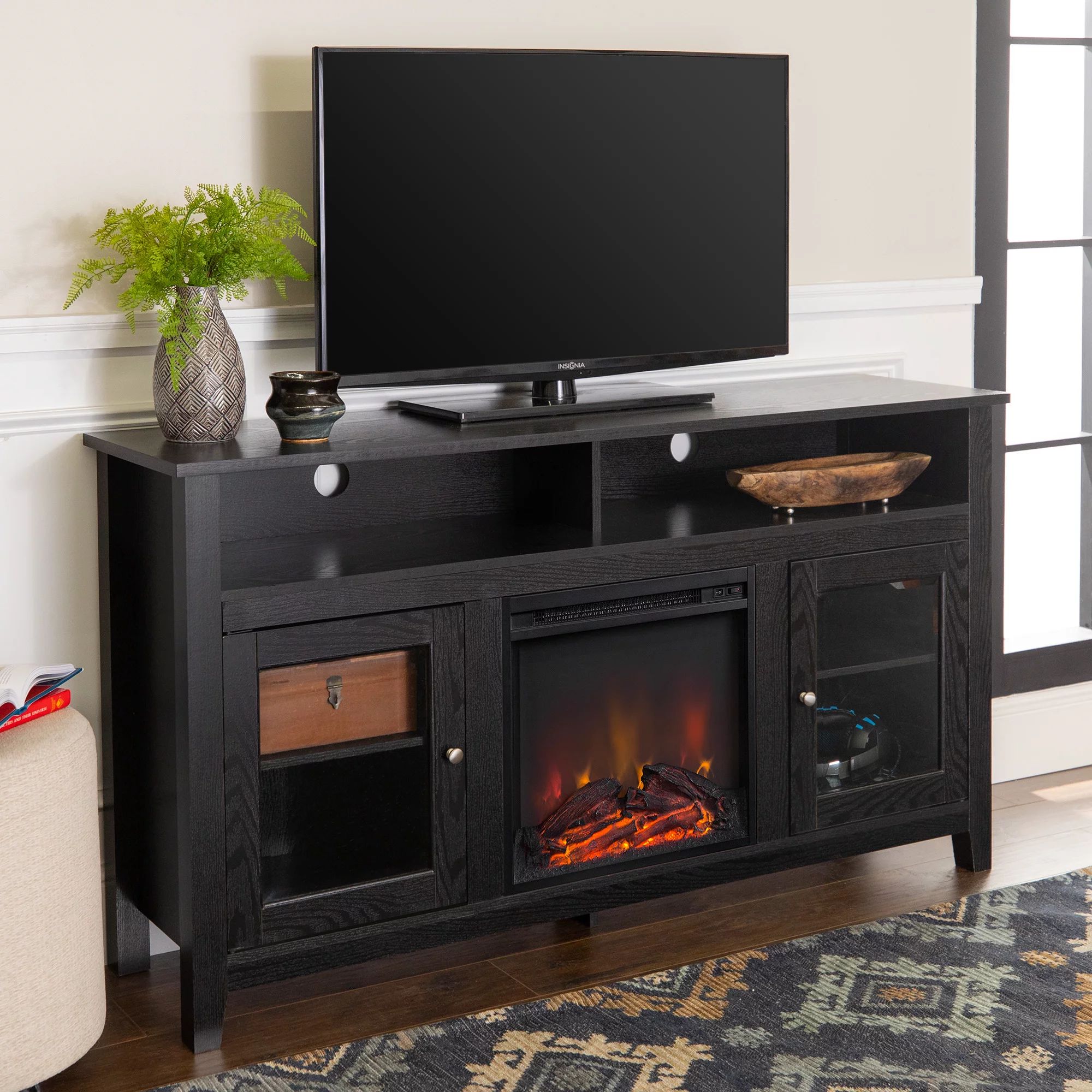 Woven Paths Highboy Glass Door Fireplace TV Stand for TVs up to 65", Black | Walmart (US)