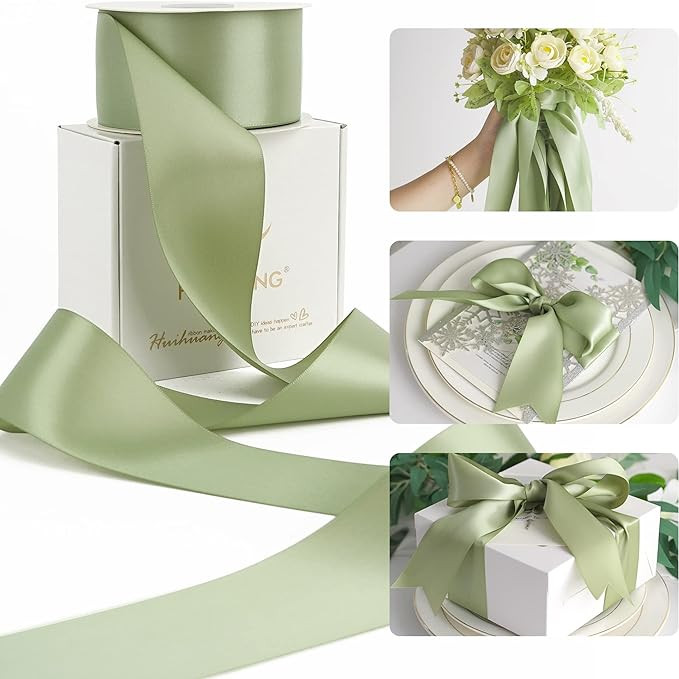 HUIHUANG Sage Green Satin Ribbon - 25 Yards/Roll for Flower Bouquets, Wedding Invitations, Gift W... | Amazon (US)