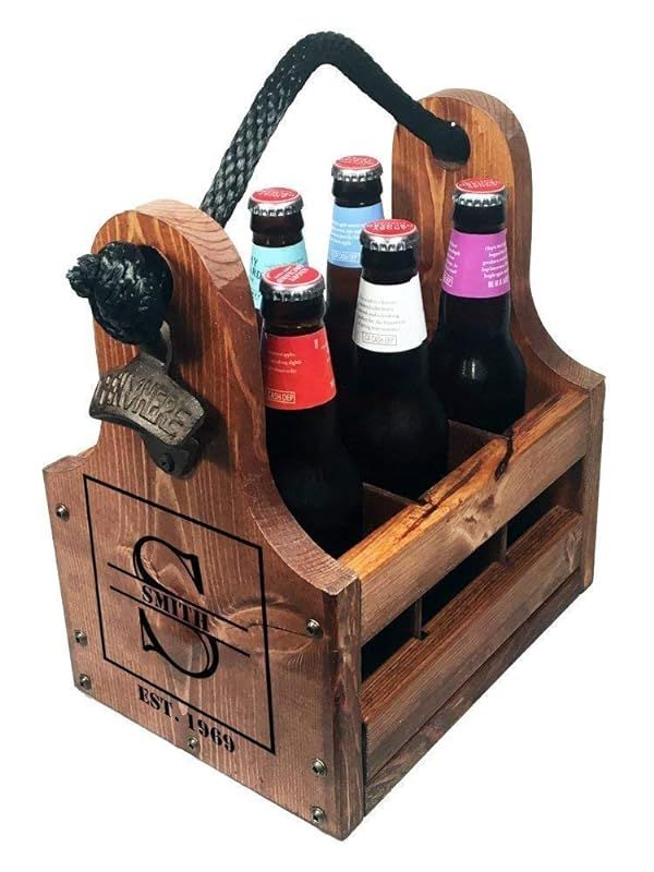 Personalized Wood Beer Caddy with Bottle Opener and Magnetic Bottle Cap Catcher. Handmade Rustic ... | Amazon (US)