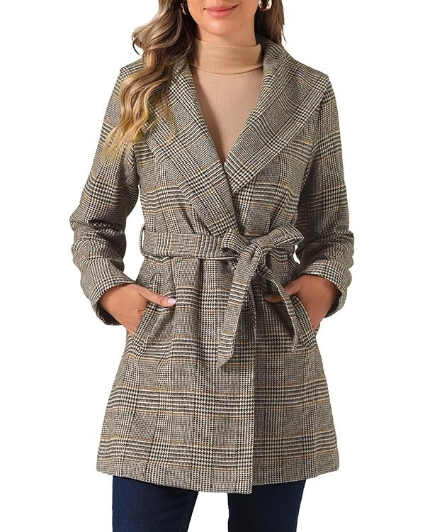 Allegra K Women's Plaid Belted Shawl Collar Tie Waist Wrap Overcoat Fall Winter Coat | Amazon (US)